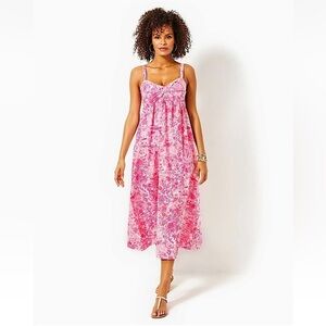 Lilly Pulitzer Azora Cotton Midi Dress Peony Pink Seaside Scene 14
